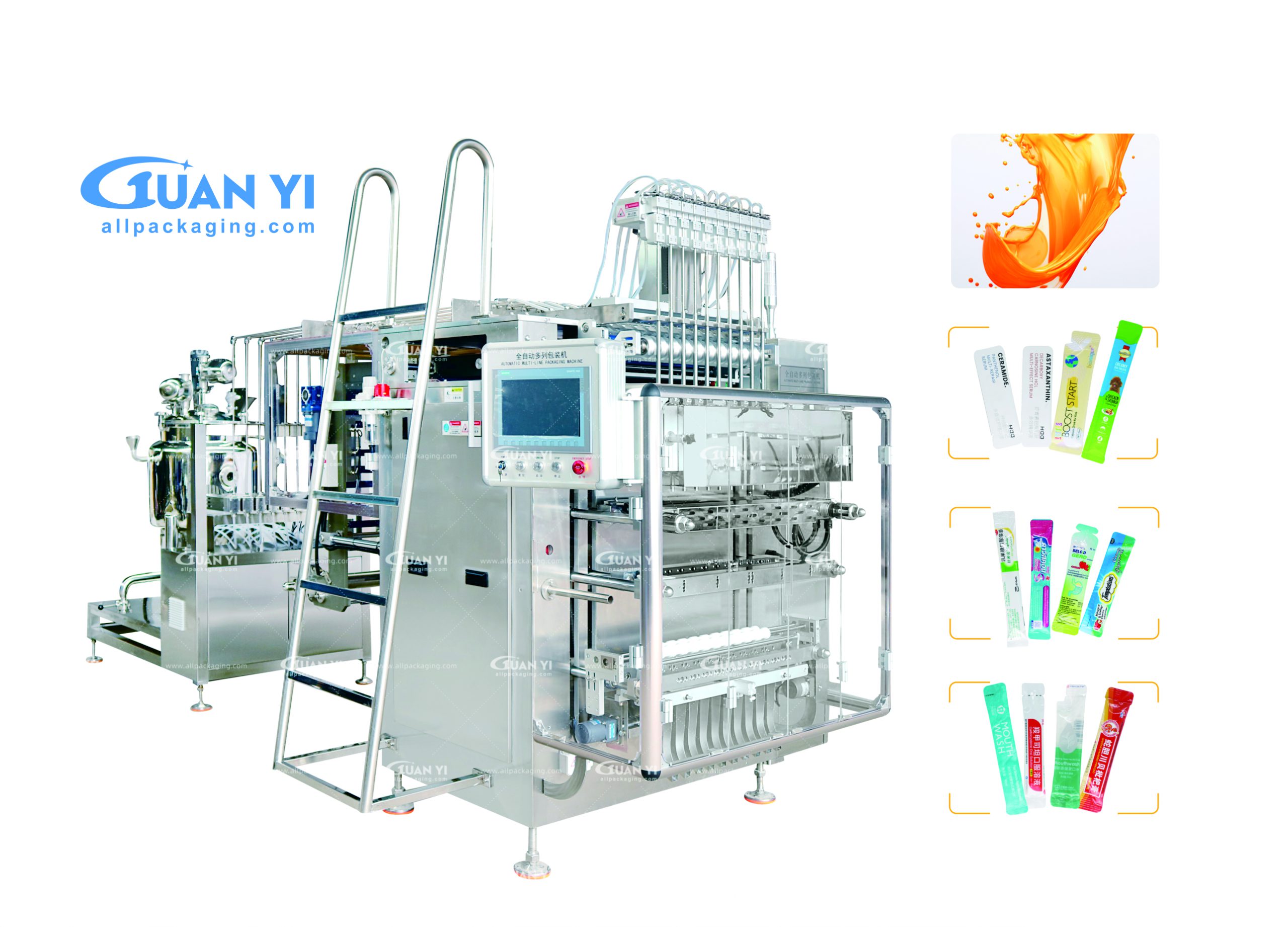 Multi-lane packaging machine for liquid